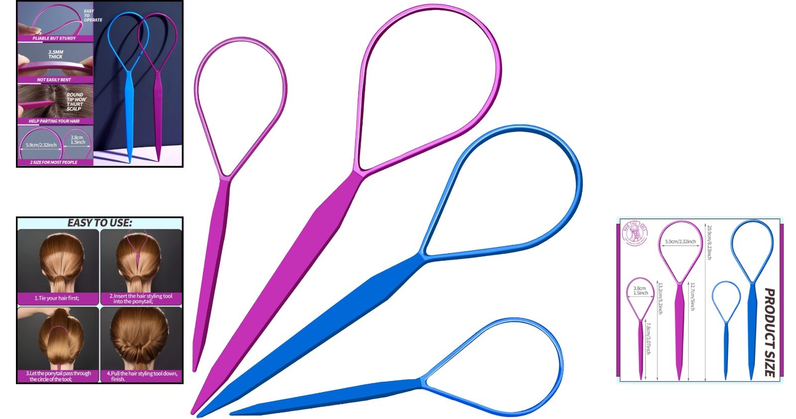 Effortless Hair Braiding: 4pc Purple and Blue Styling Tool Set for Women & Girls