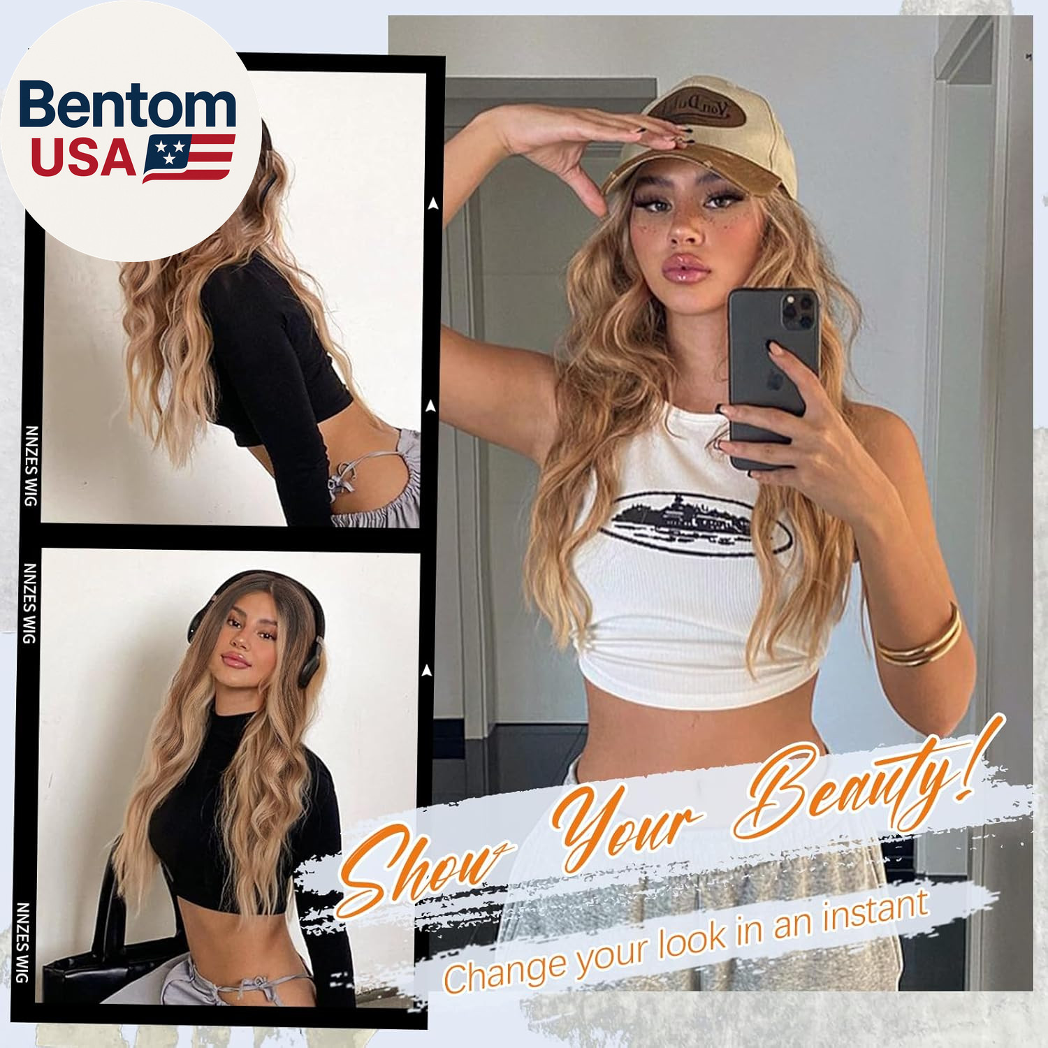 Long Brown Mixed Blonde Wavy Wig 4X1 Lace Natural Hairline Middle Part Curly Hea