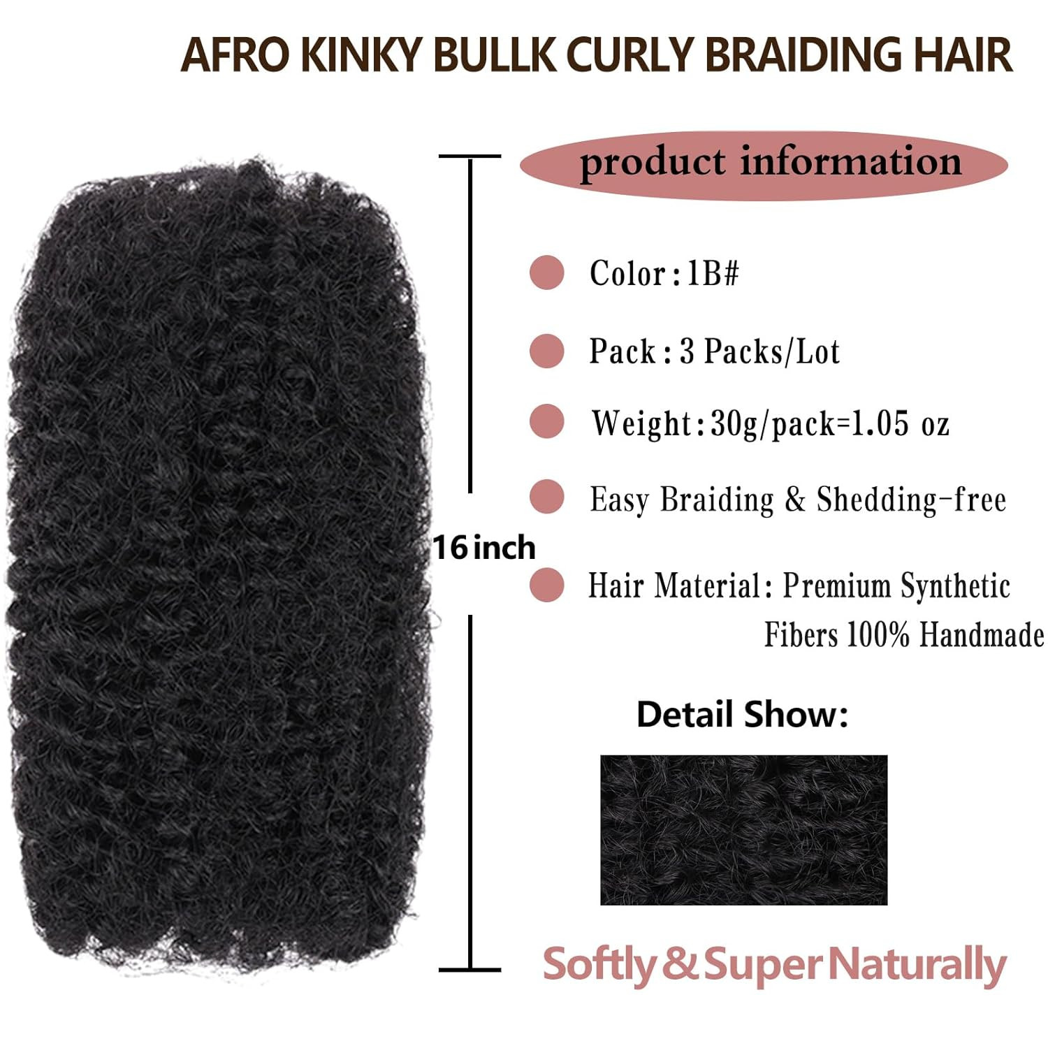 16 Inch 3 Bundles 90g Natural Black Afro Kinky Curly Braiding Bulk Hair For M…