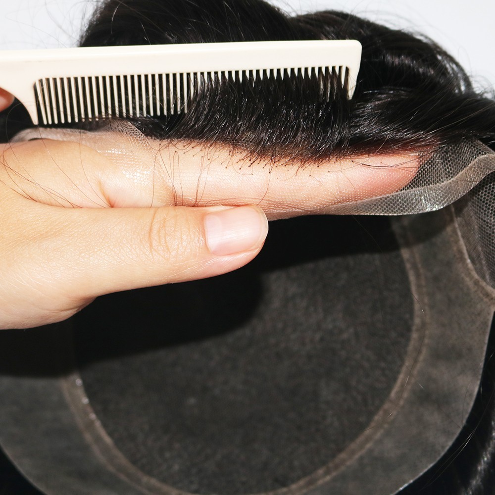 Natural Hairline Toupee French Lace with Pu Human Hair Wig System Mens Units