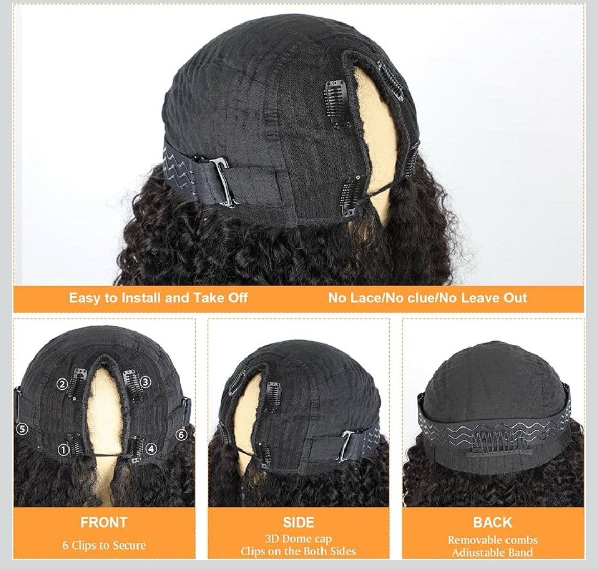 Domiso V Part Wig Human Hair Kinky Curly 16 Inch 180% Density Glueless U Part