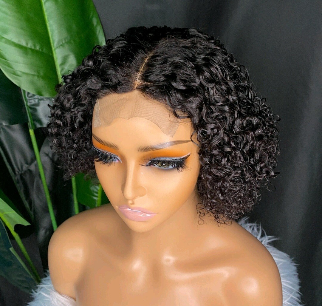 12A 8INCH RAW UNPROCESS PERUVIAN 4X4 SWISS LACE WIG KINKY CURLS 180% DENSITY 1B#