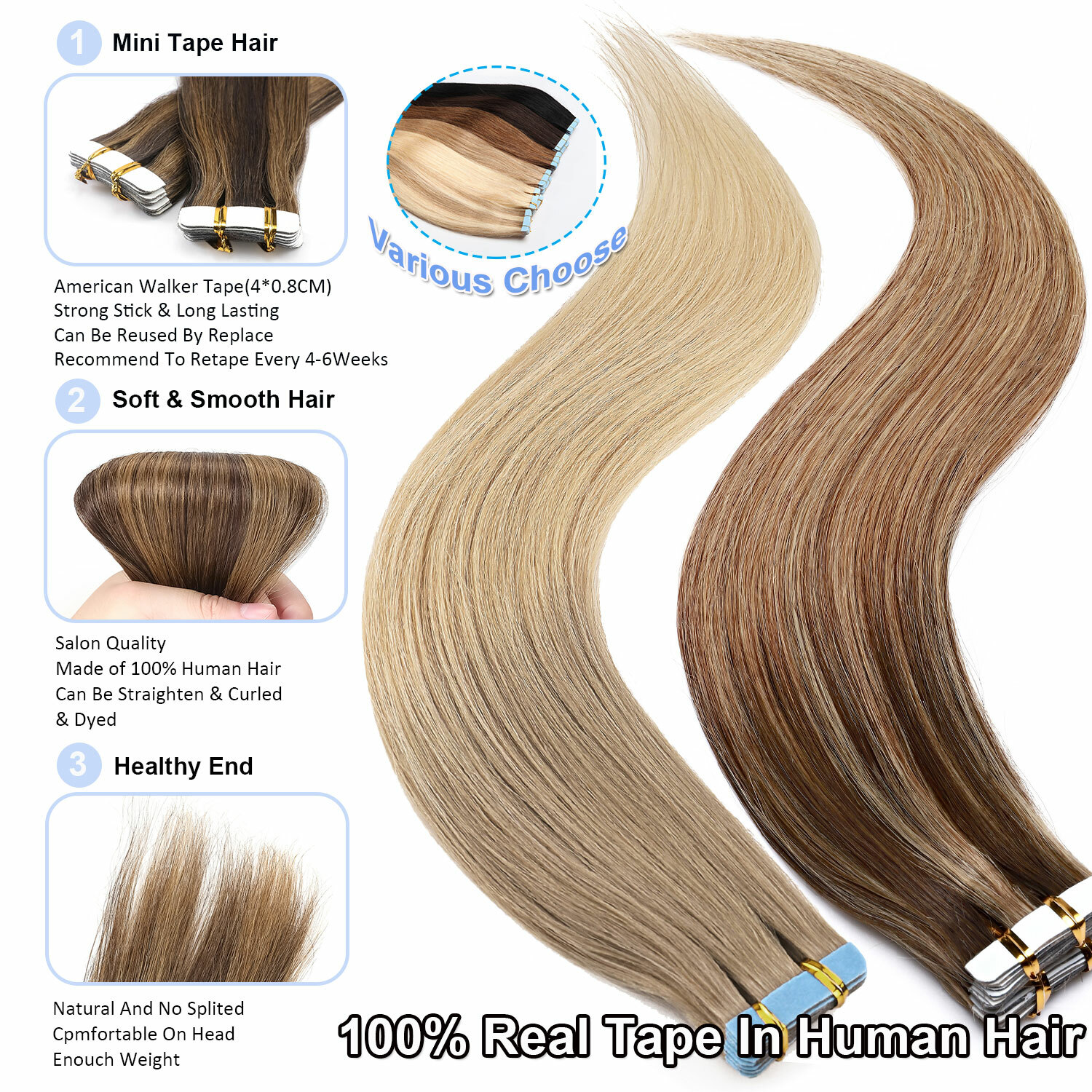 20PCS Mix Tape In 100% Remy Human Hair Extensions Full Head Skin Weft Body Wave