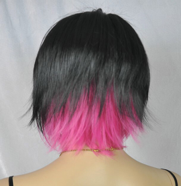 Hot Sell Fashion Black Mix Pink Bob Bangs Short Women Lady Hair Wig Wigs+Wig Cap