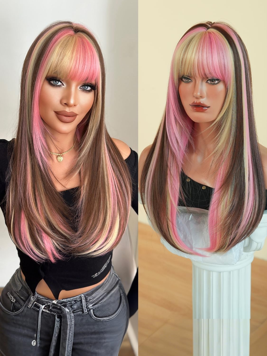26IN Long Straight Brown Highlight Pink Wigs High Layered Cut Women Synthetic…