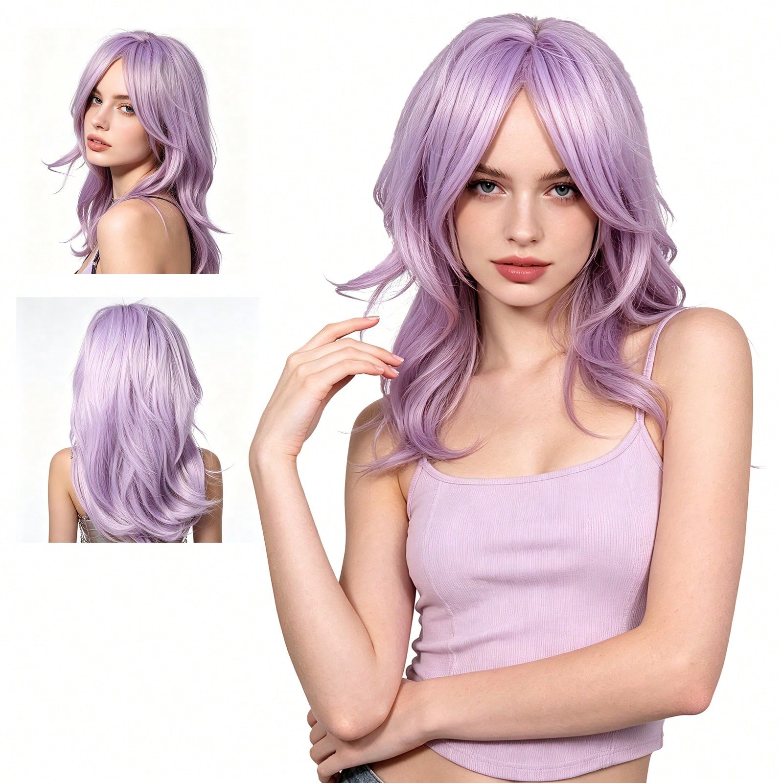 18Inch Long Layered With Bangs Light Purple Synthetic Fiber Shoulder Length Hair