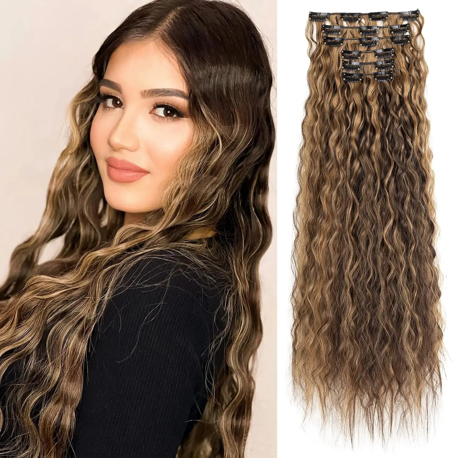 16 Clip In Hair Extensions 22 Inch Water Wave Synthetic Hair For Women
