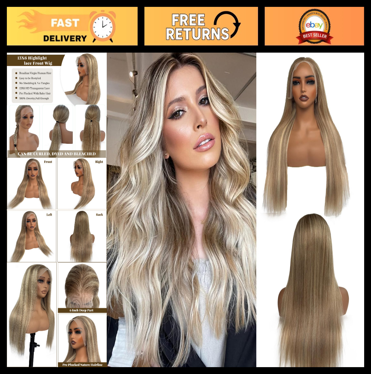 20″ Ombre Lace Front Wig Human Hair, Ash Brown to Blonde, Pre-Plucked, 180% Dens