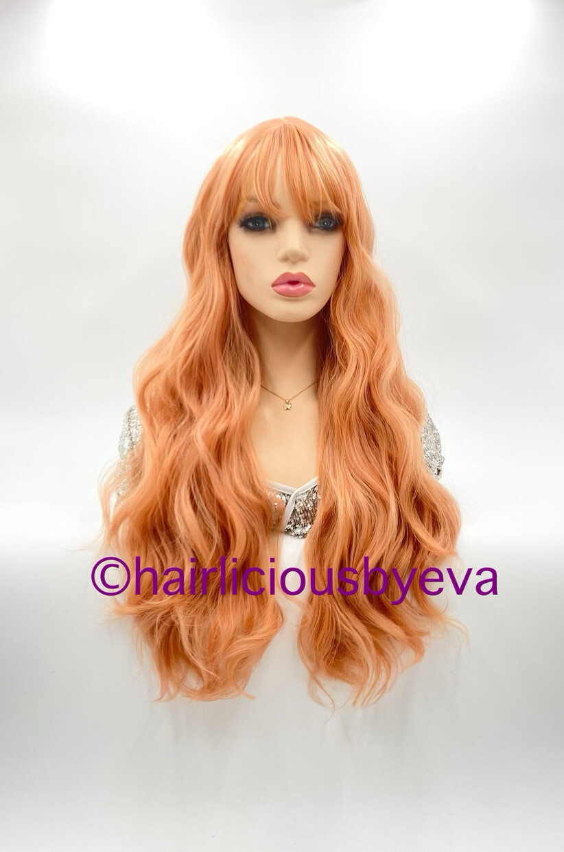 Rose Gold Pink Wig With Bangs Wavy 26 Inch Long Heat Ok