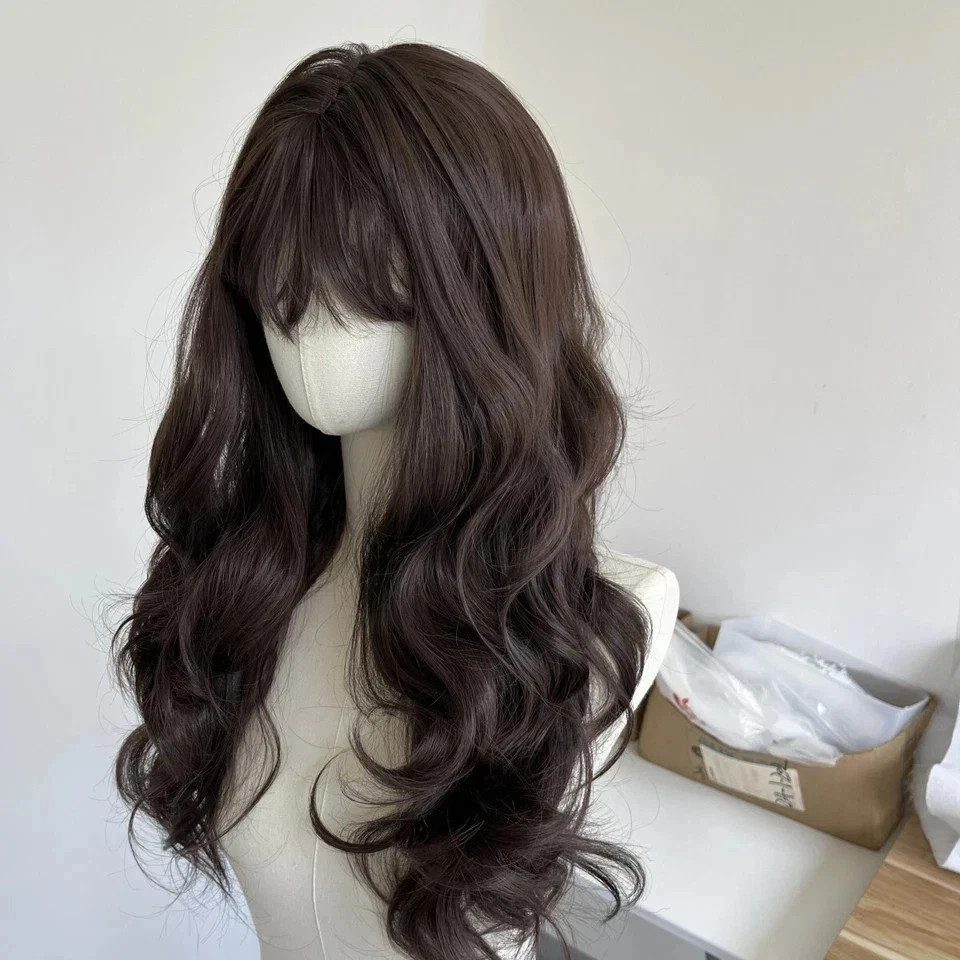 Human Hair New Fashion Sexy Women’s Long Natural Dark Brown Wavy Wigs 24 In