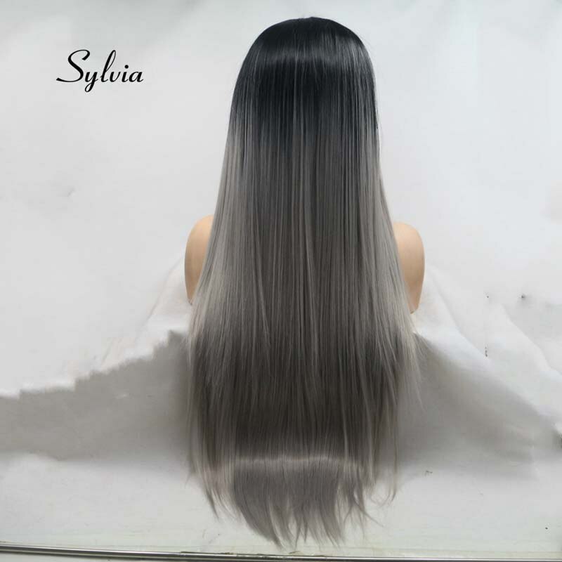 Natural Black Grey Ombre Long Silky Part Synthetic Lace Heat Resistant Fiber Wig
