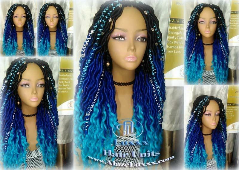 Long Mermaid distressed bohemian Ombre Blue Faux Locs Wig Gay Drag Festival