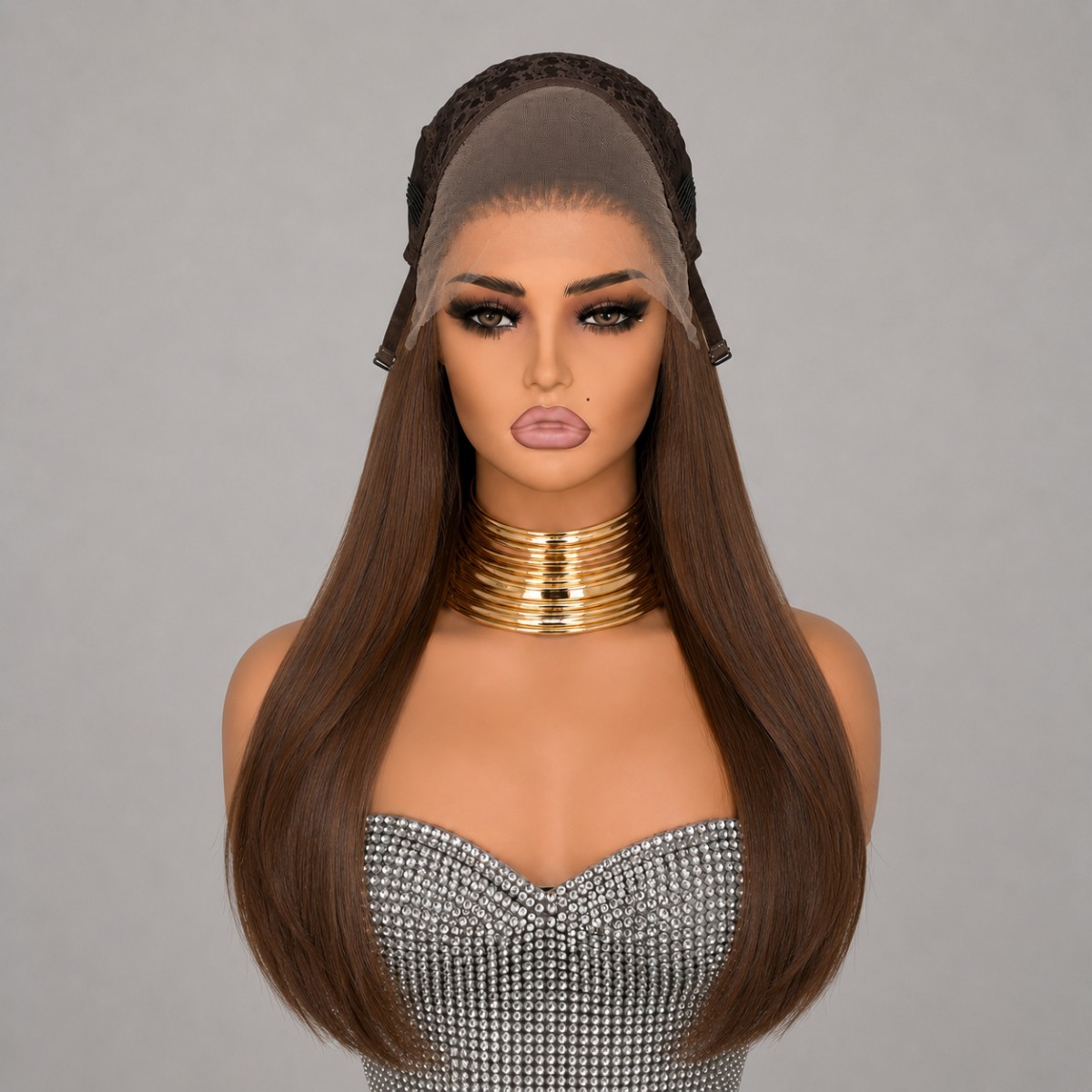 Layered Synthetic Hair Heat Resistant Long Straight Brown Frontal Lace Wig