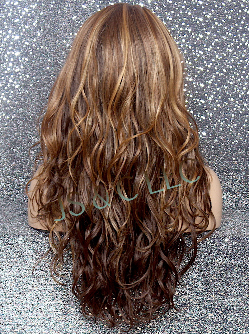 Human Hair Blend Full WIG HEAT OK WAVY Long WBCA Auburn BRown Blonde mixed D8/12