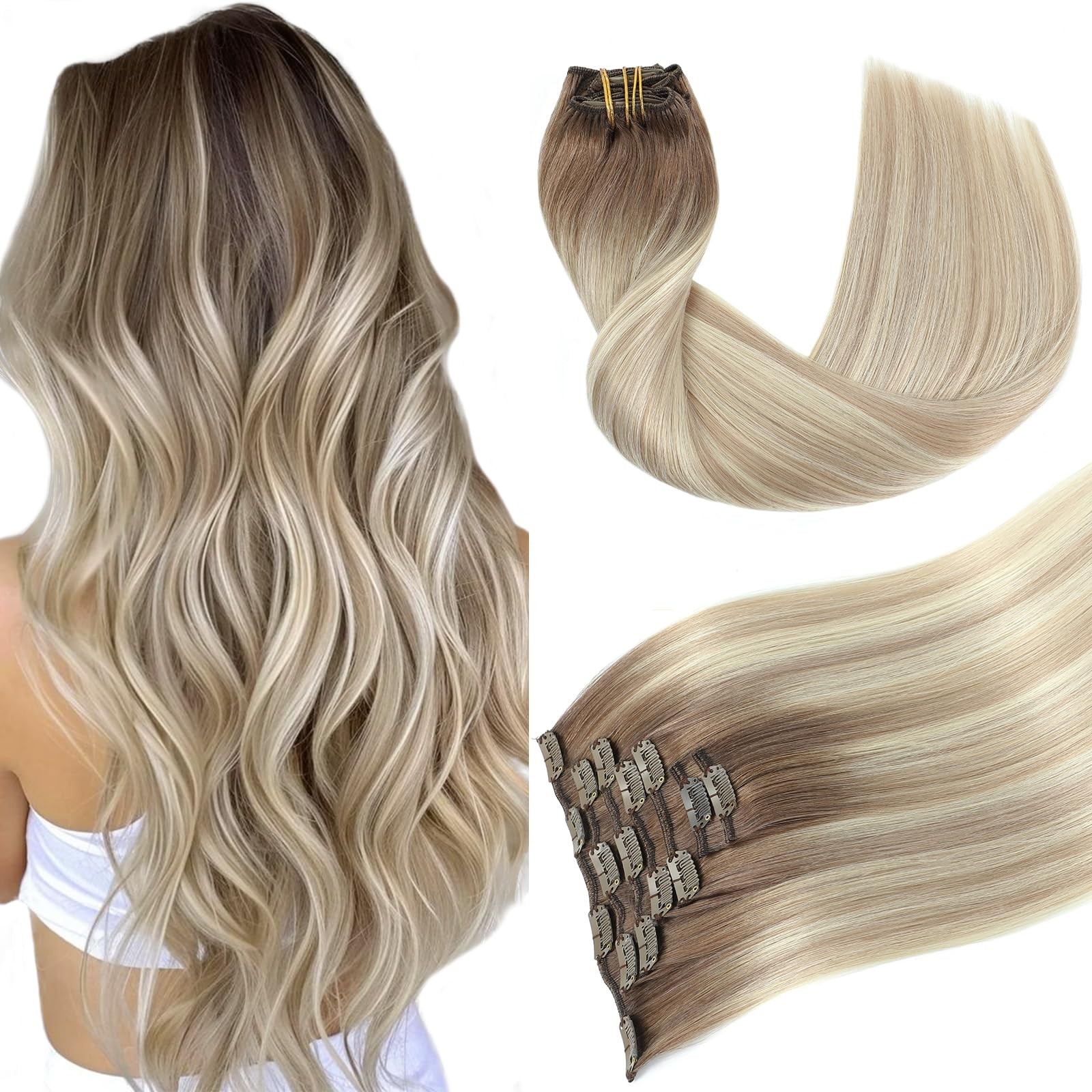 20 Inch Clip-In Real Human Hair Extensions – Ash Brown to Platinum Blonde Mix, 1