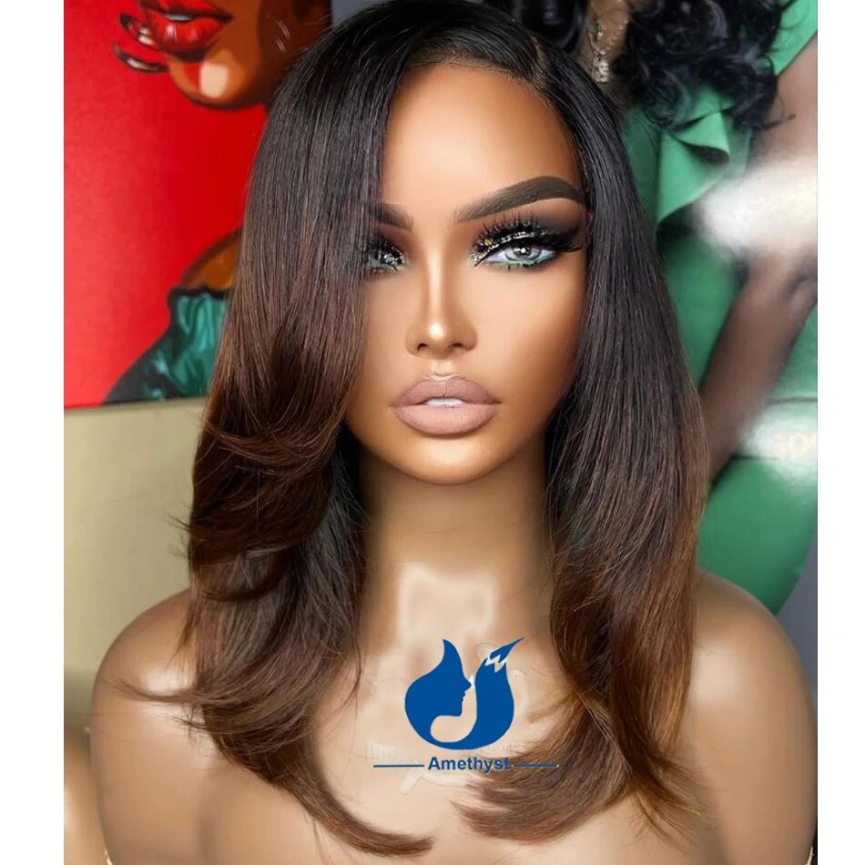 Ombre Brown Human Hair Side Part 13×6 Lace Front Wig Black Women Short Glueless
