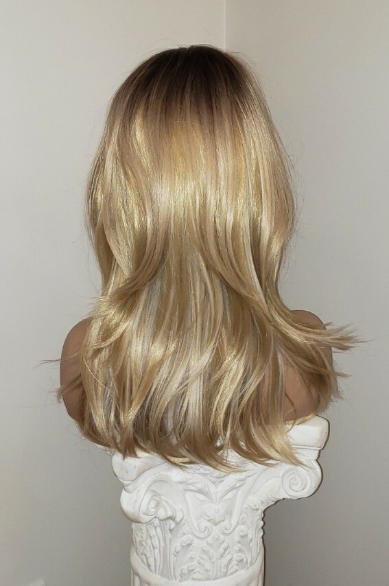 Wig – Human Hair Blend – Golden Blonde Mix Ombre – Layers Bangs Natural Heat OK