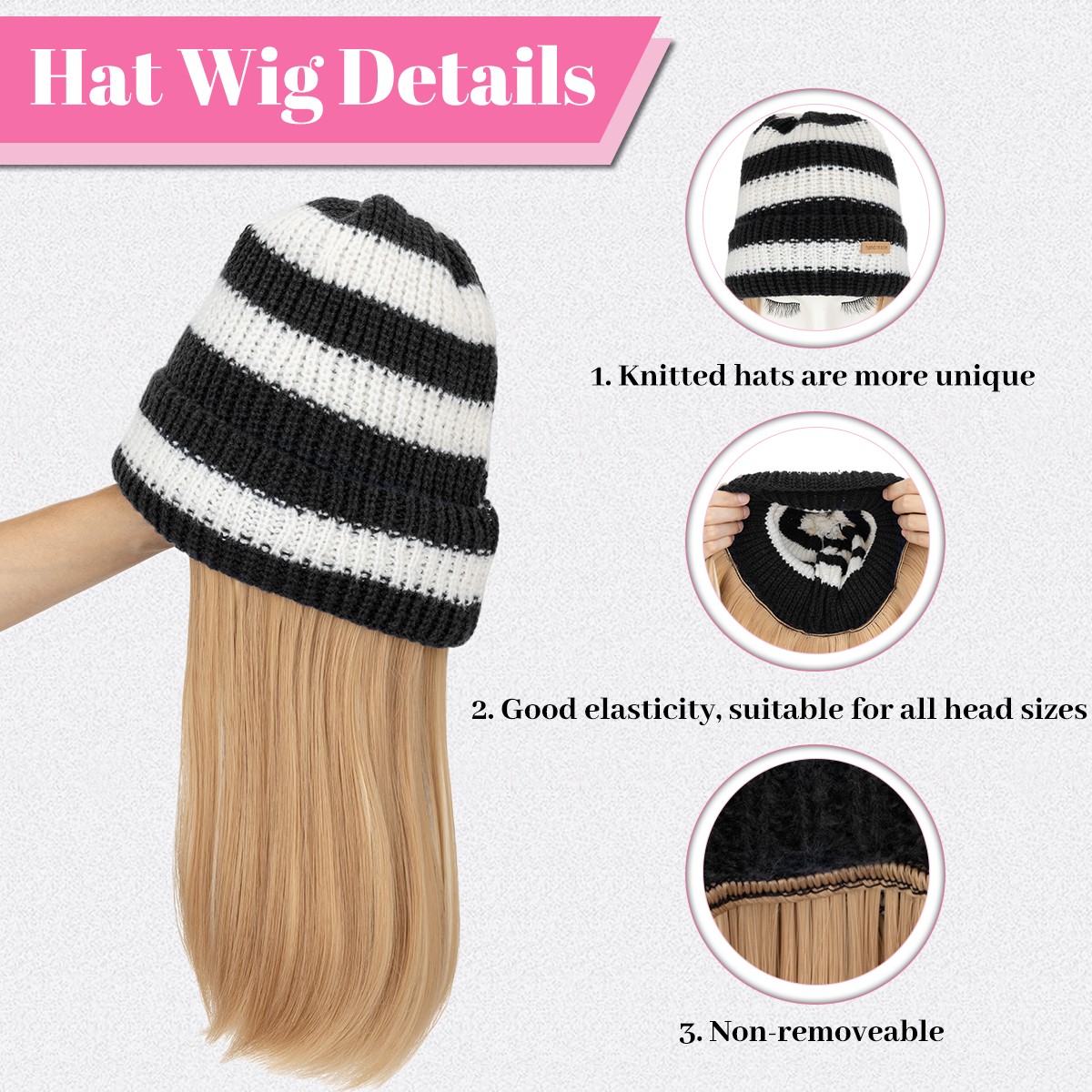 Beanie Hat Wig with 8/11/16/18″ Synthetic Straight&Curly Wavy Hair Knitted Cap