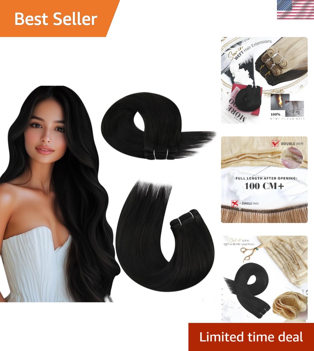 Versatile 100g Sew In Hair Extensions – Double Weft, Off Black, 20 In Length