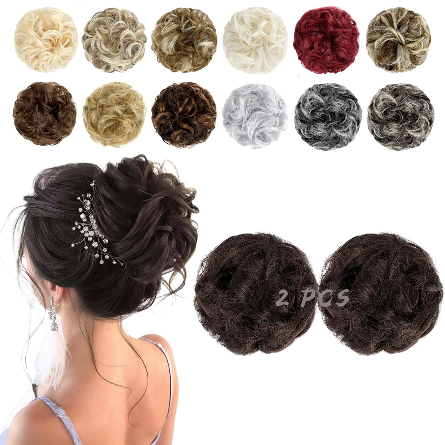 2 PCS Messy Bun Hair Piece Wavy Curly Scrunchies Synthetic Chignon Ponytail Hair