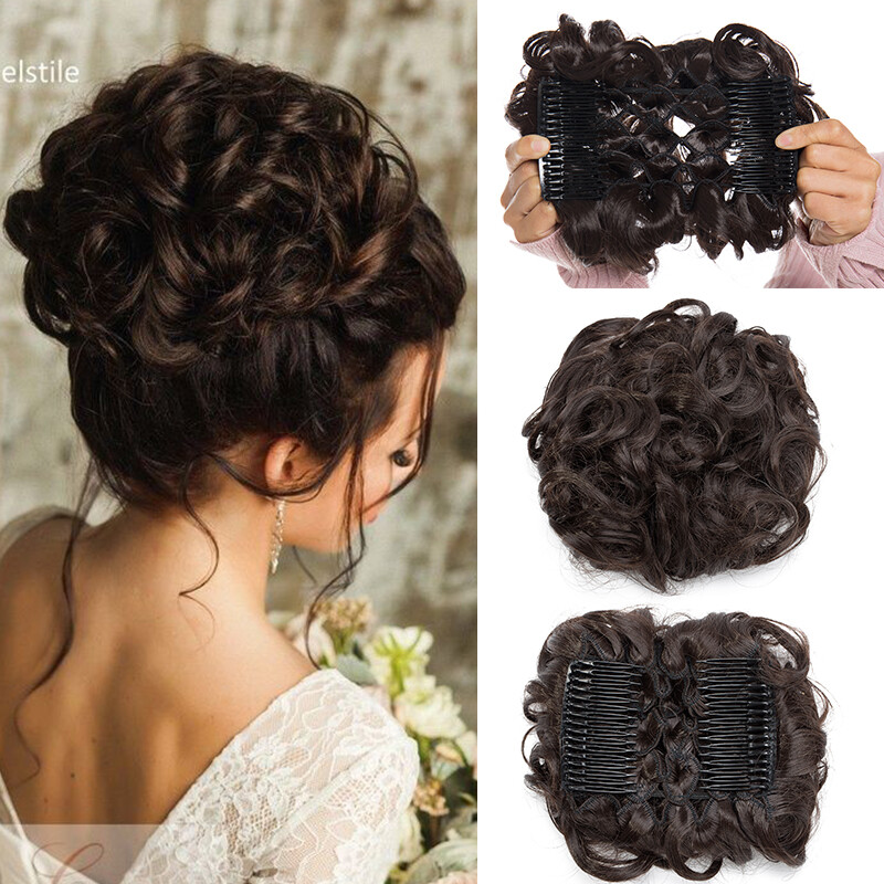 100% Real THICK Chignon Curly Messy Bun Updo Cover Clip in Hair Piece Extensions