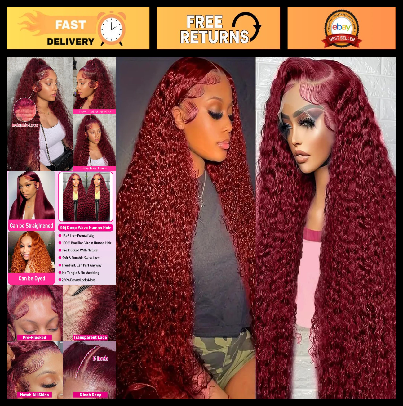 30″ 250 Density Burgundy Lace Front Wig – HD Transparent Deep Wave Human Hair