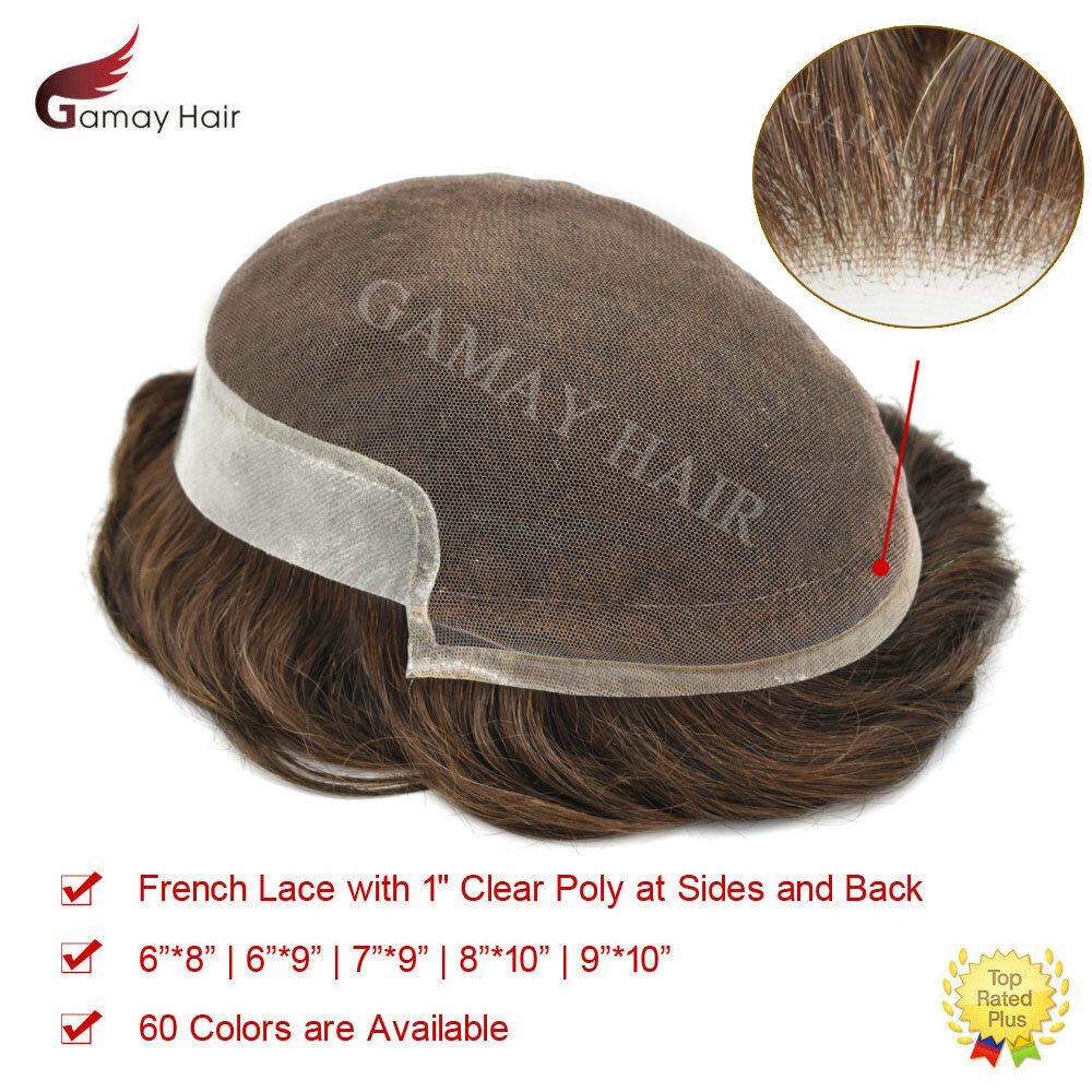French Lace Front Mens Toupee Hairpiece Poly Skin Pu Hair Replacement System Wig