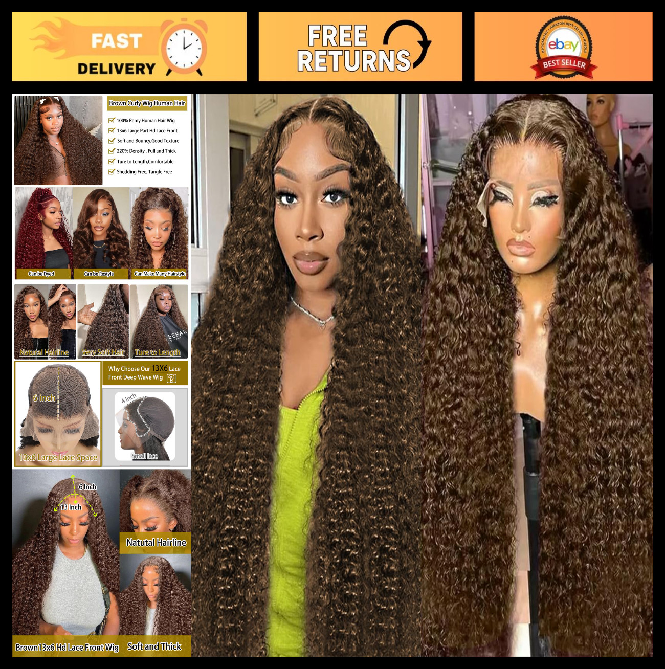 30″ Chocolate Brown Deep Wave Lace Front Wig, 220 Density, Curly Human Hair, Pre