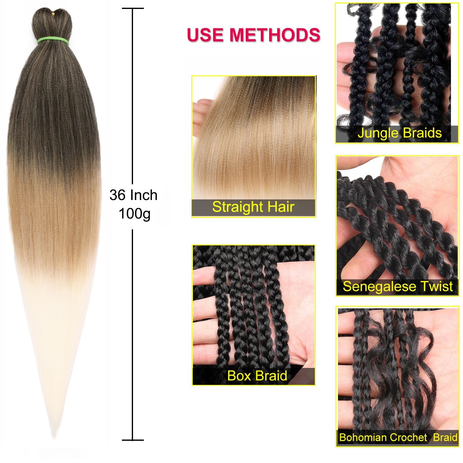 Leeven 36″ 8 Packs Pre Stretched Braiding Hair Ombre EZ Braid – Yaki Texture