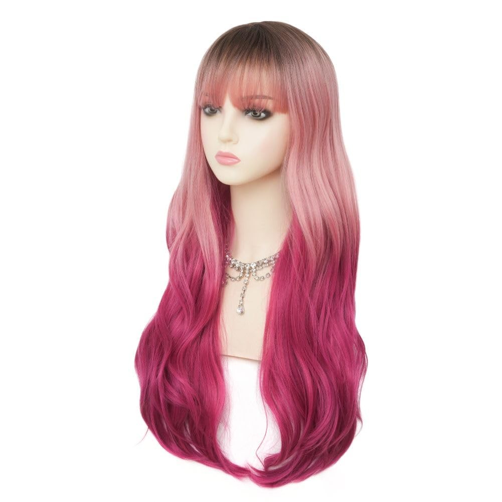 Ombre Pink Long Wig with Bangs Dark Root Curly Wavy Wigs Synthetic Heat Resis…