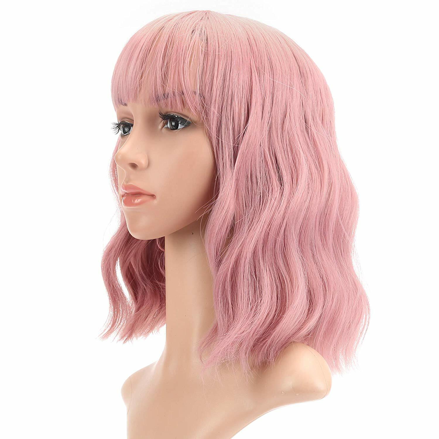 Women Girls Pink Bob Wig with Bangs Short Wavy Pink Bob Wig Synthetic Bob Wig US