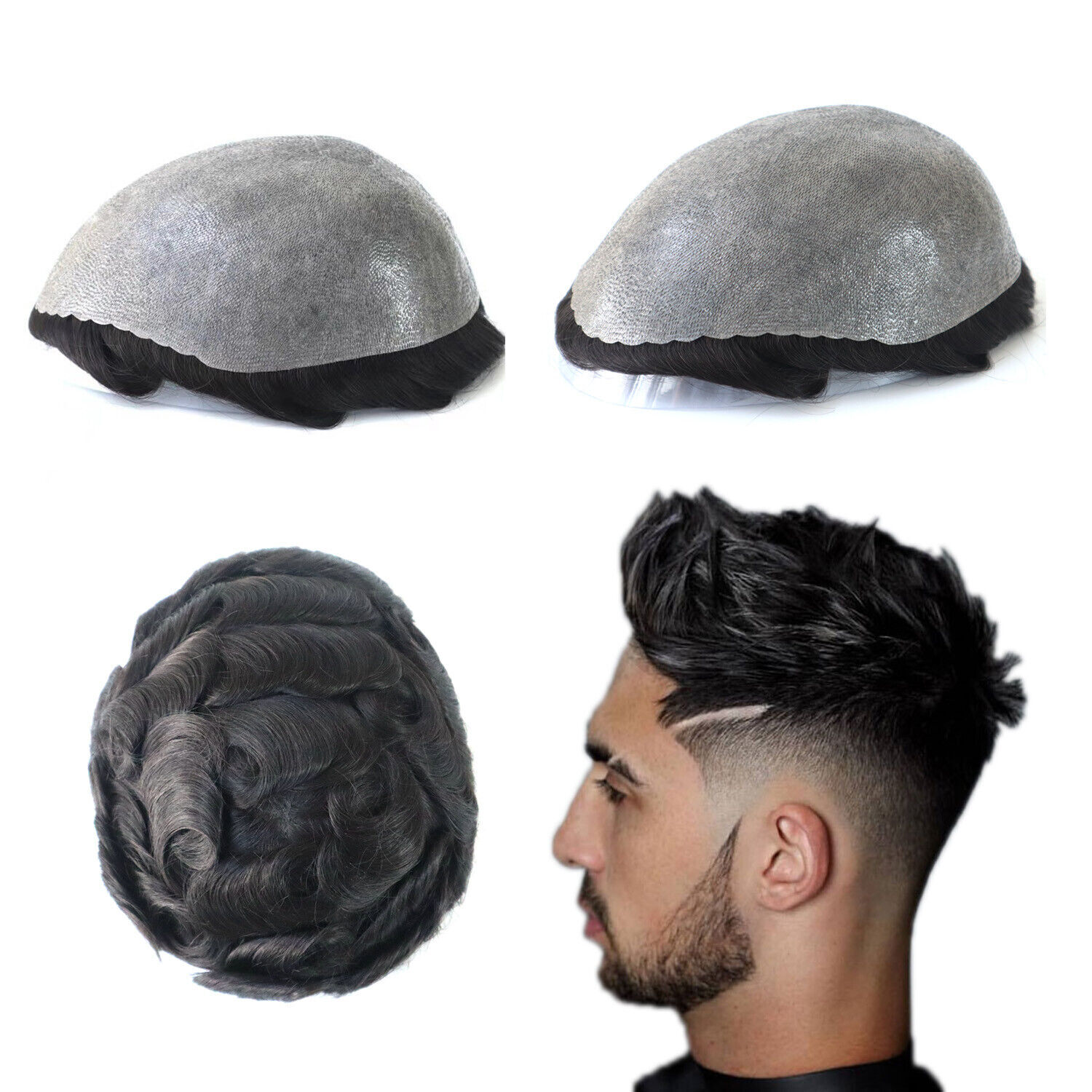 Mens Human Hair Replacement Medium Skin V-loop Scalloped Toupee Hairpiece Wig