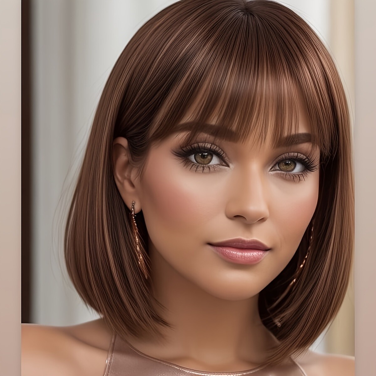 12″ Light Brown Bangs Wig Ladies Daily Wear Party Synthetic Hair Adjustable