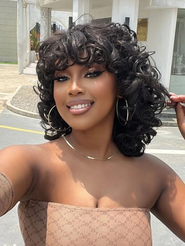 Black Curly Wigs for Black Women Short Afro Big Curly Wig with Bangs Loose Curly