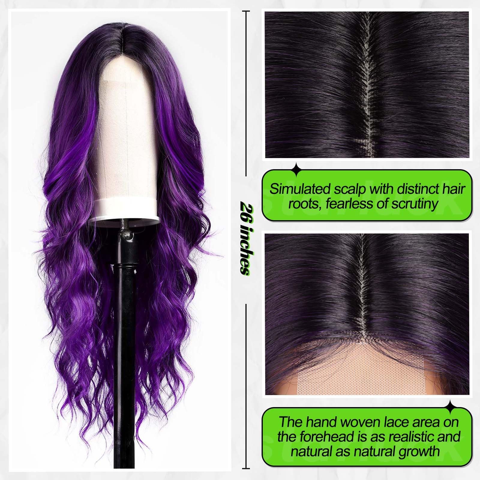 Long Ombre Purple Wavy Wig for Women 26 Inch Middle Part Curly Wig Natural Lo…
