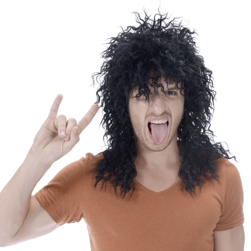 Men’s 80s Black Mullet Wigs Long Curly Black Rocker Metal Mullet Wig Party Gifts