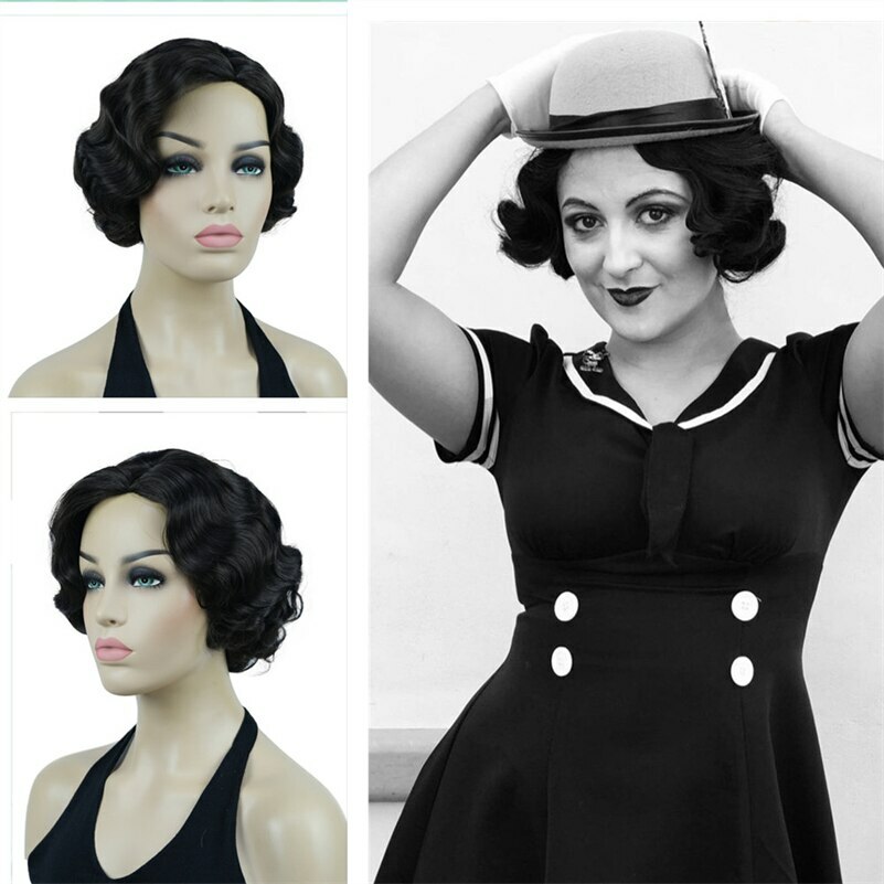 Finger Wave Wig Bob Short Curly Synthetic Hair Women 1920s Cosplay Party