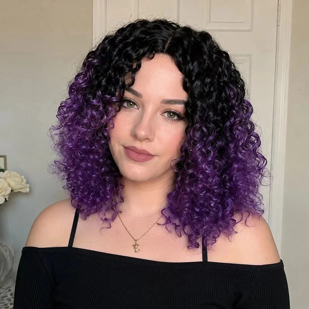 Women Short Afro Tight Curly Wig, Black Ombre Purple Synthetic Spring Curls Wig