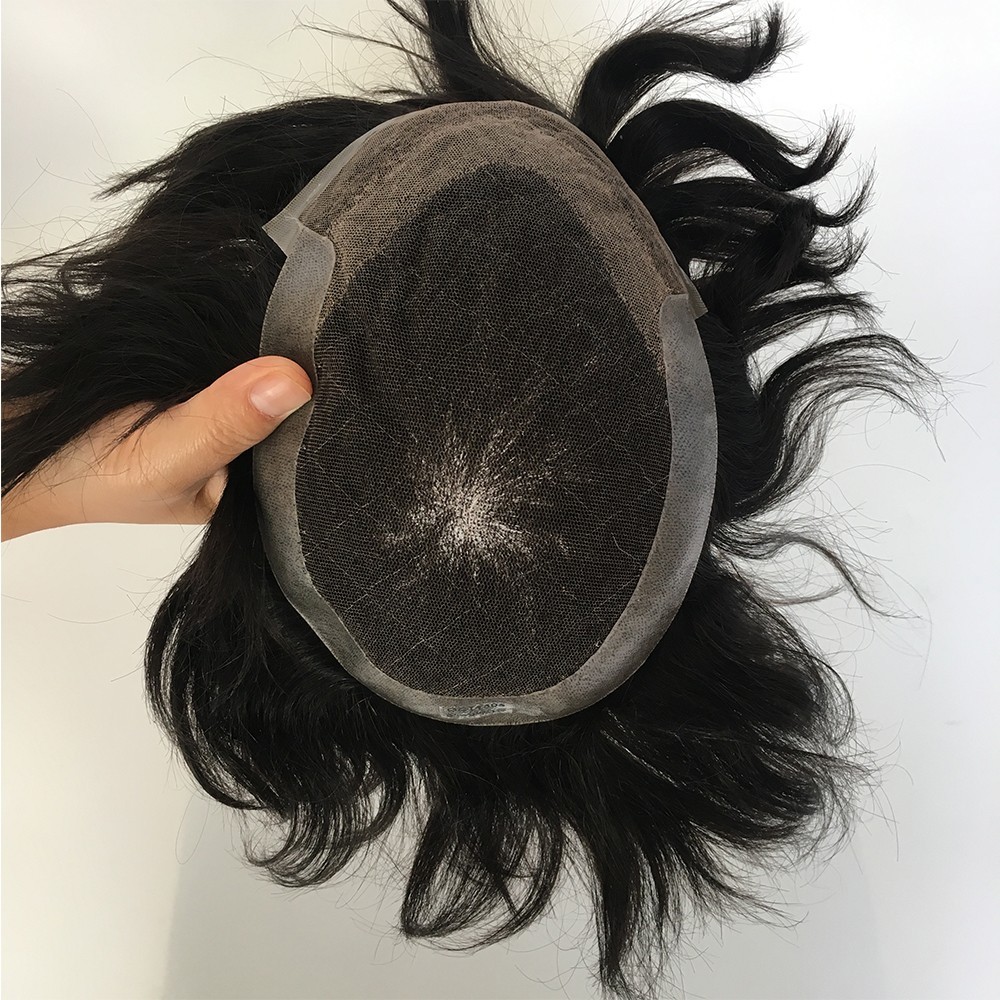 Mens Hair Replacement System Toupee Hair System French Lace Poly Skin Hairpieces