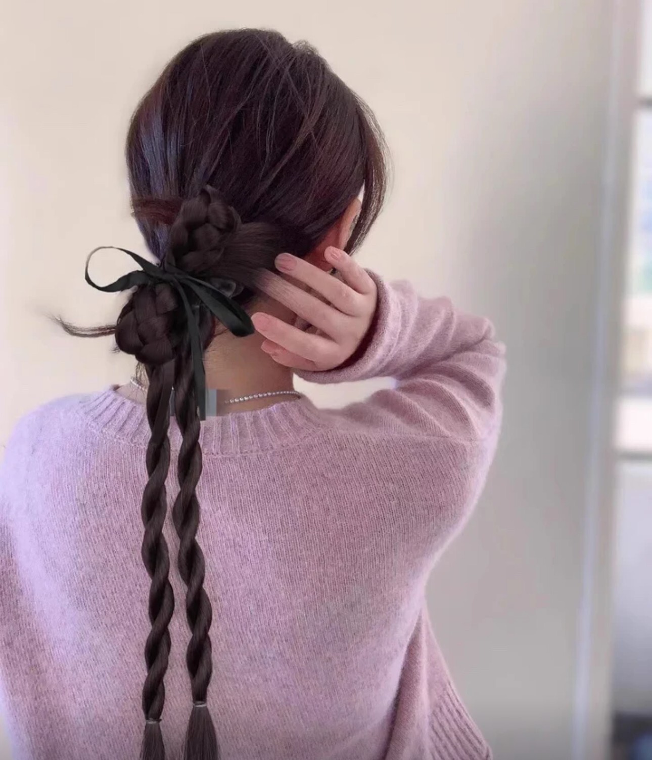 Natural Black Braided Hair wig Clip with Bow – Realistic & Easy to Wear