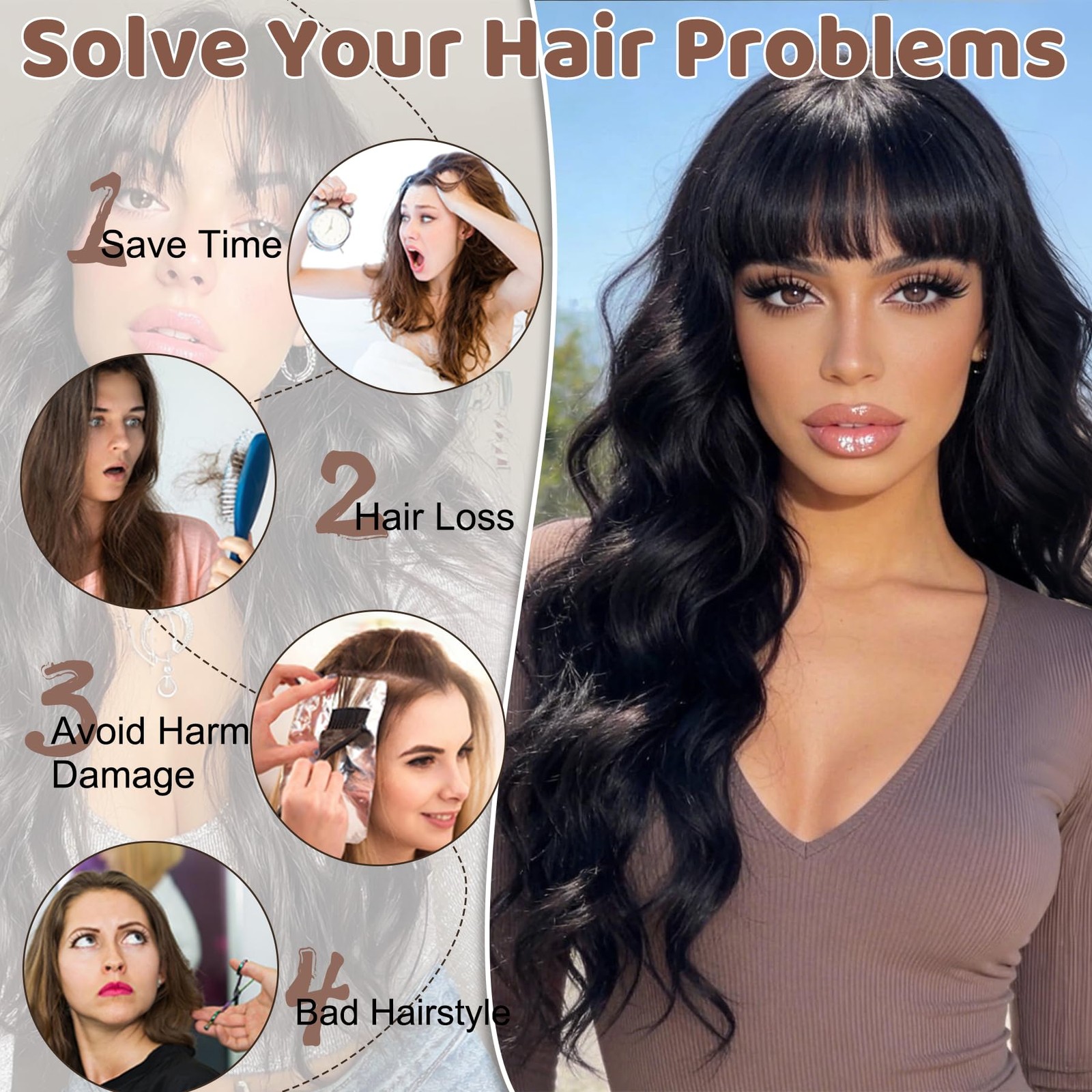 Black Wig with Bangs Long Black Wavy Wigs for Women 26 Inch Long Synthetic Wi…