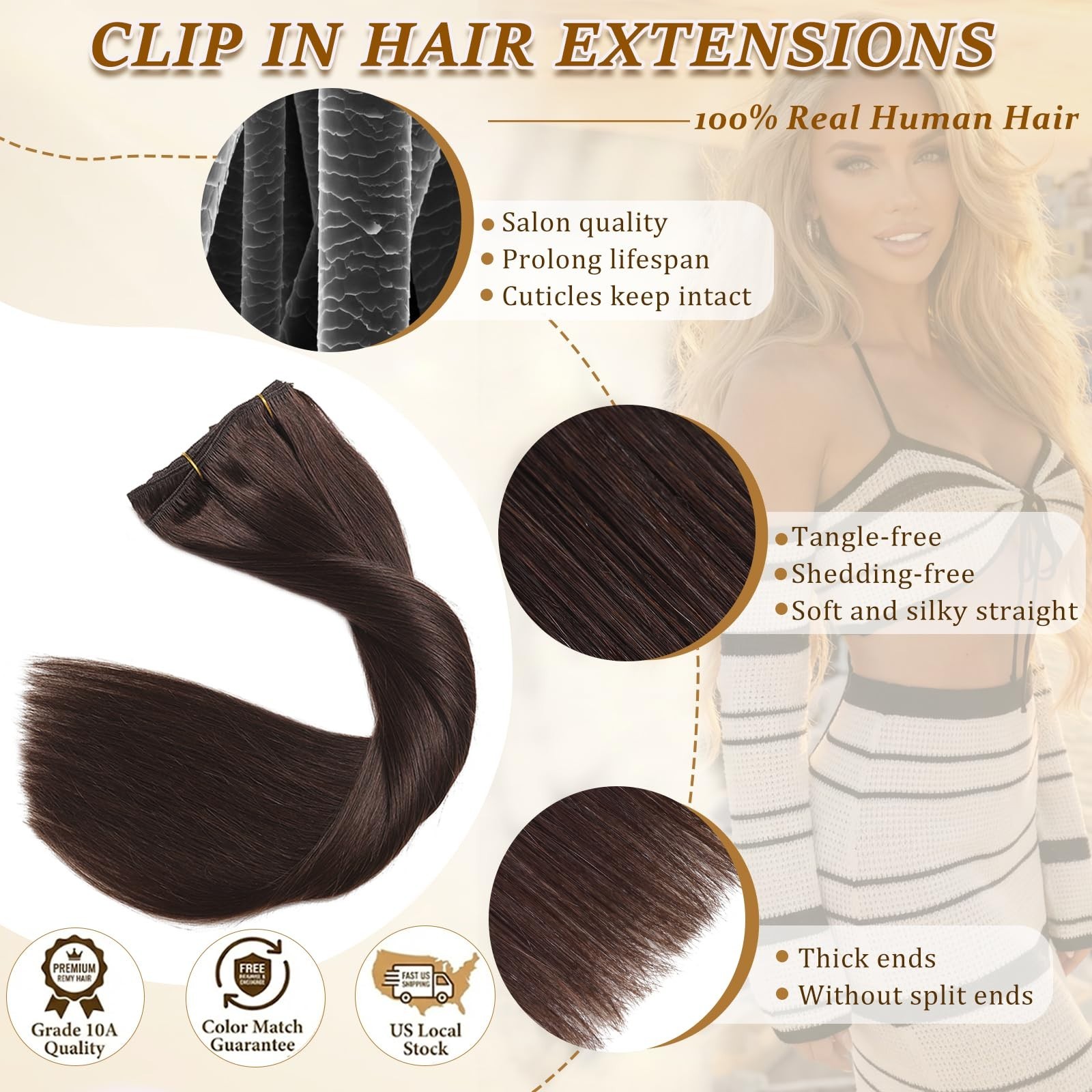 Real Human Hair Clip-In Extensions Dark Brown 120g 8PCS Tangle-Free Seamless Vol