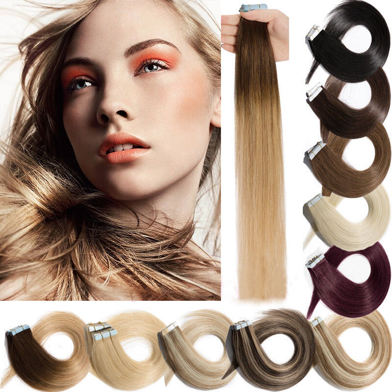 Tape in Human Hair Extensions Invisible Skin Weft Real Brazilian HairBalayage12A