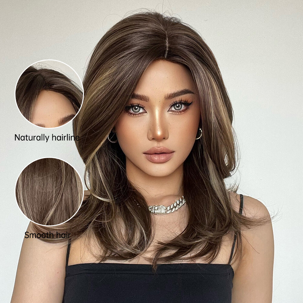 Long Brown Blonde 20 inch Soft Hair Wigs with Side Bangs for Women Daily Party