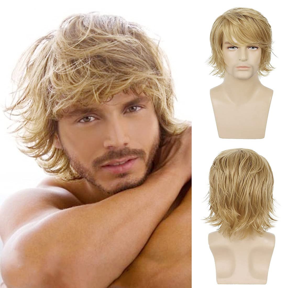 Sallcks Man Blonde Short Fluffy Layered Wig natural synthetic stage performance