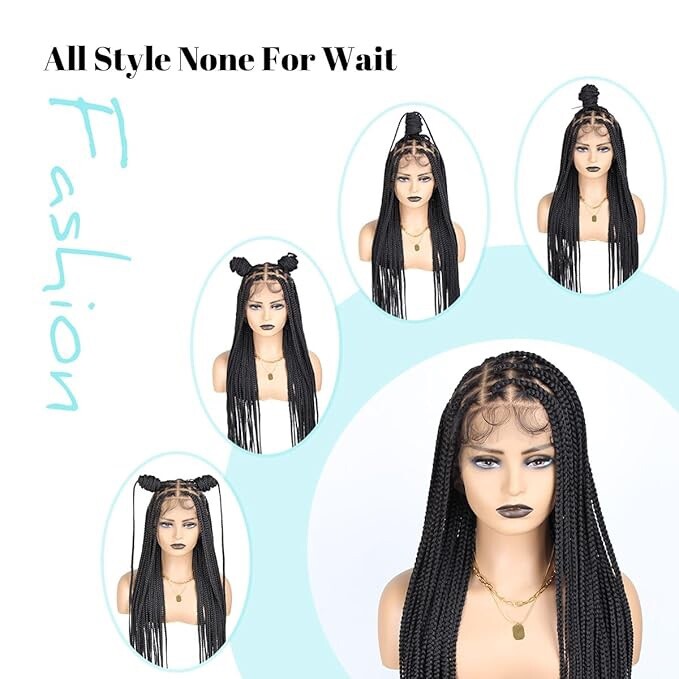 Lace front braided Knotless Box Braid Wig HD Single Layer 36” Long Natural Black