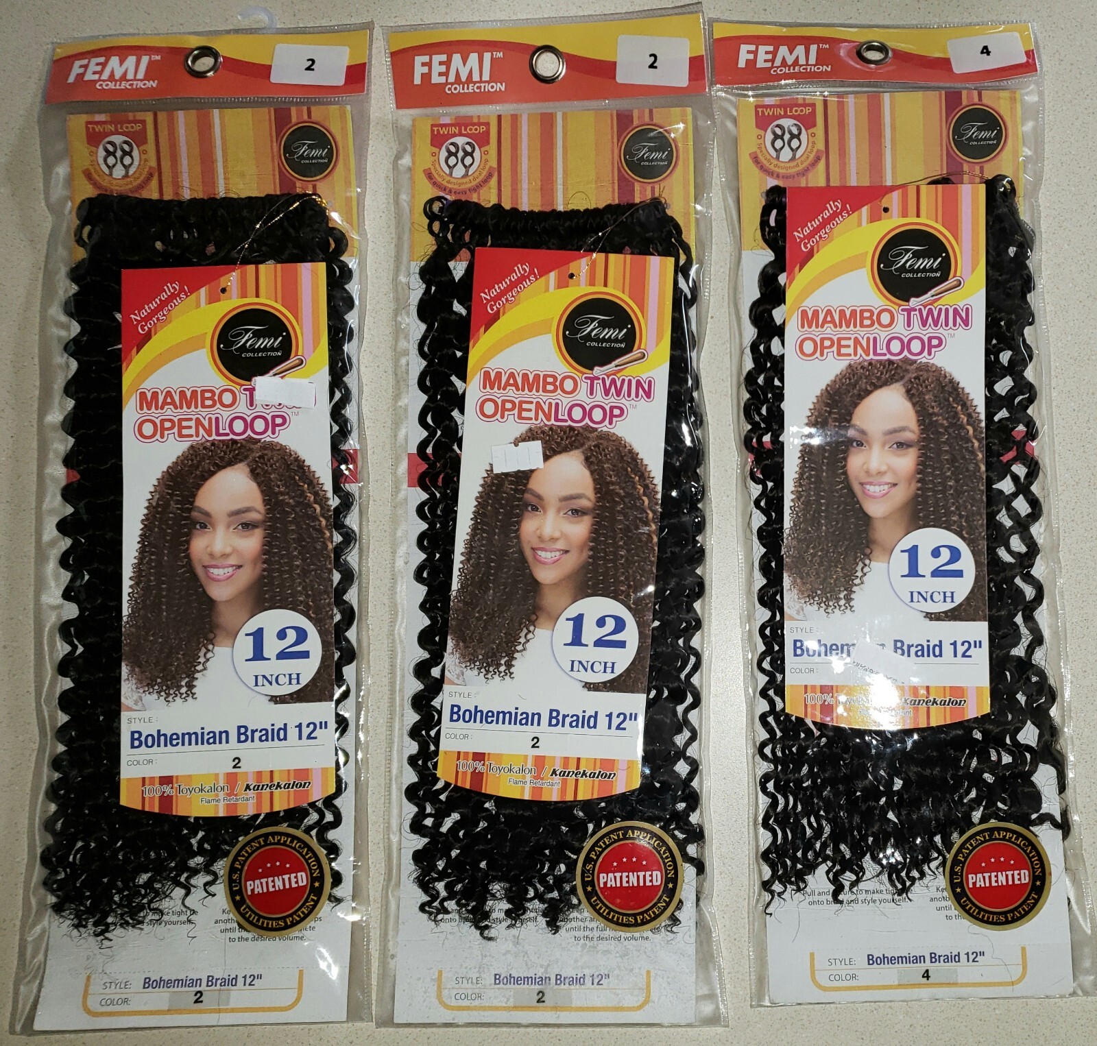 (Lot of 3) FEMI 12″ Bohemian Braid Color 2×2, 1×4 MAMBO TWIN OPEN LOOP CROCHET