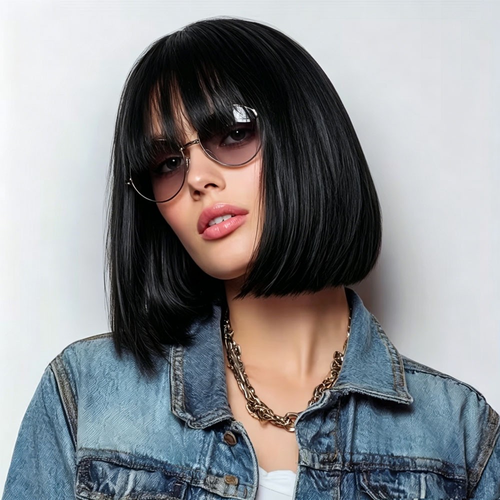 12″Bob Wig with Bangs, Natural Straight Synthetic Hair for Women Daily Wear US
