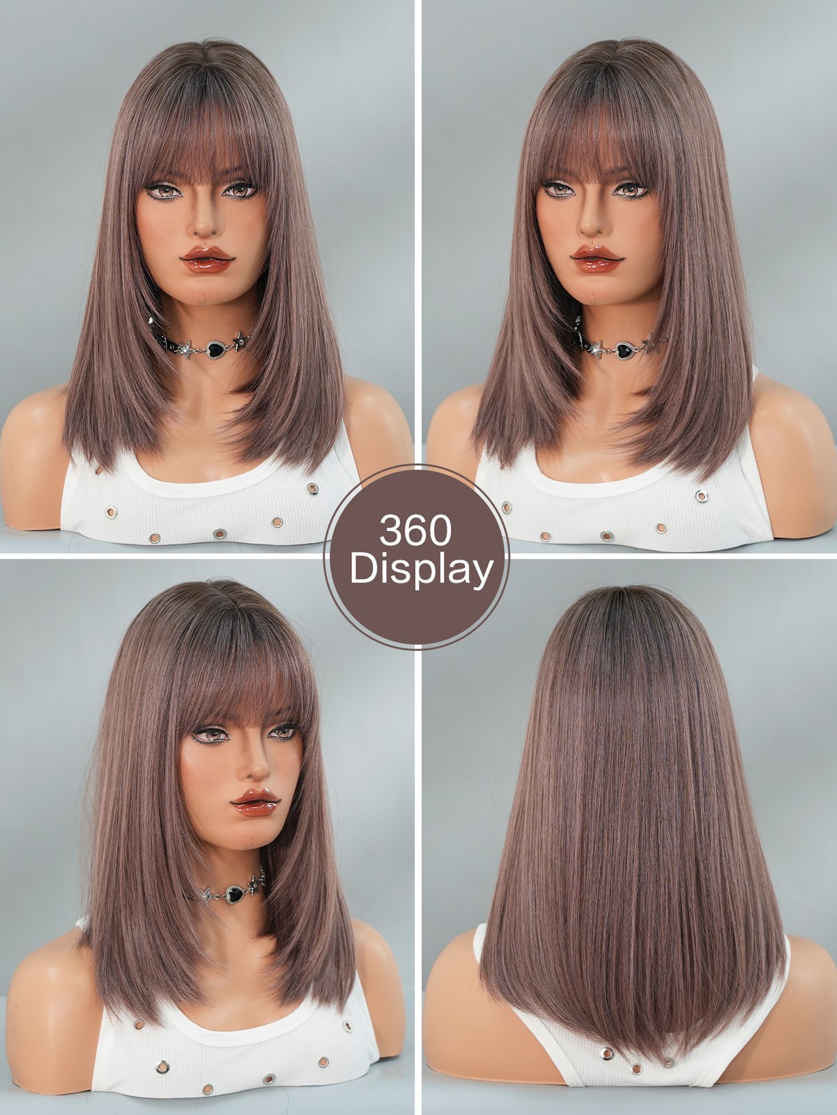 Pink Purple Straight Wig with Bangs Heat-Resistant Layered Synthetic Hair 17″