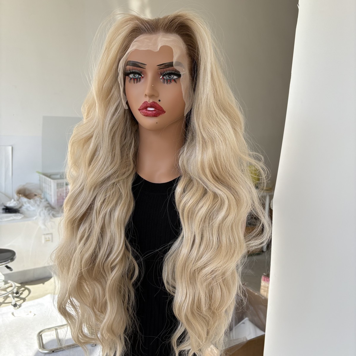 Ombre Blonde Heat Resistant Synthetic Hair Long Wavy Lace Front Wig